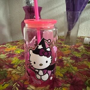 Hello Kitty Halloween Glass Jar with Pink Lid and Straw